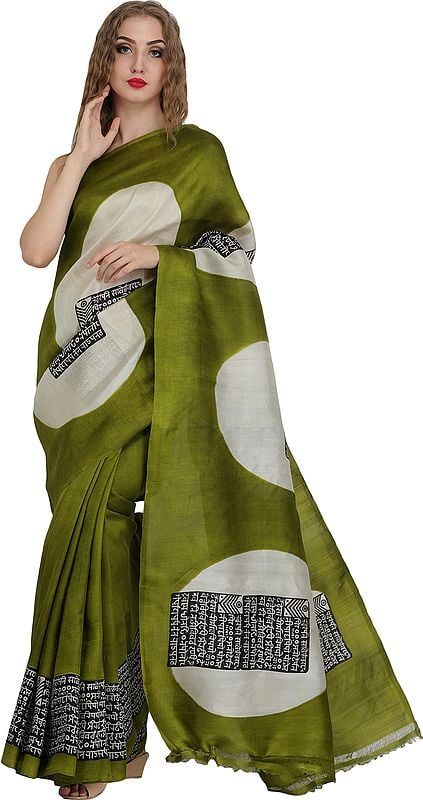 Cedar-Green Sari with Printed Sanatan Dharma Mantra