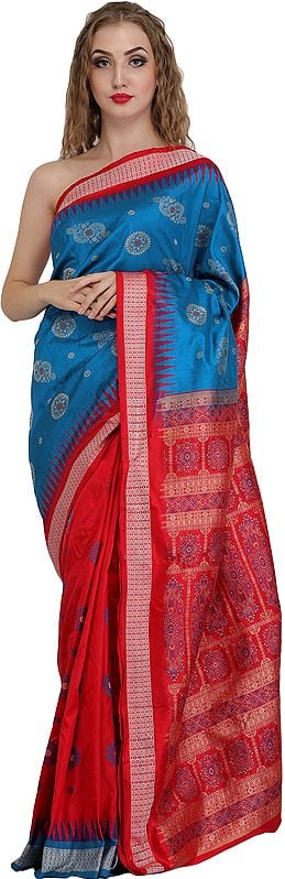 Blue and Red Bomkai Handloom Sari from Orissa with Woven Temple Border and Chakra Bootis
