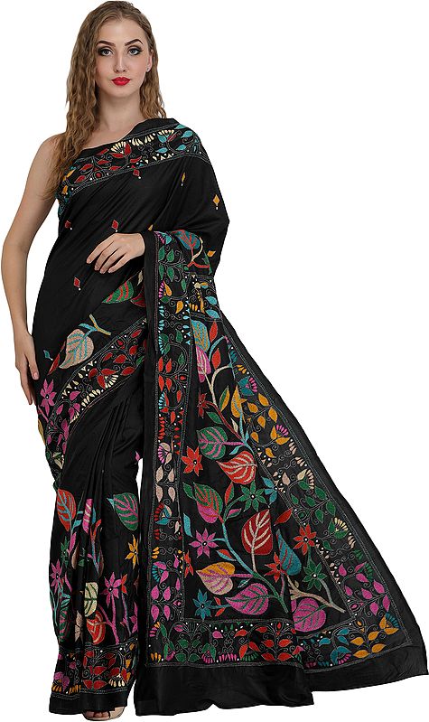 Jet-Black Sari from Kolkata with Kantha Hand-Embroidered Leaves