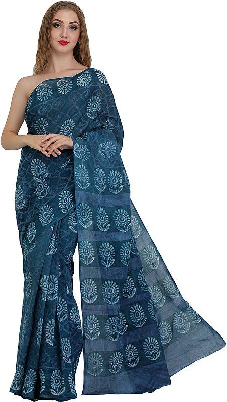 Atlantic-Deep Batik Sari from Madhya Pradesh with Printed Sunflowers
