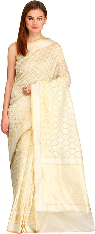 Ivory and Golden Tissue Sari from Banaras with Woven Bootis in Self