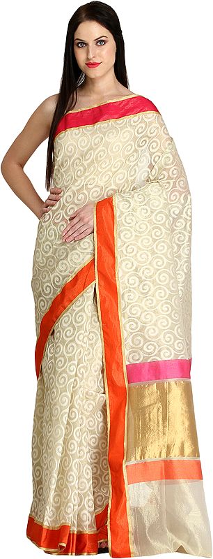 Cream Tissue Sari from Banaras with Woven Spirals