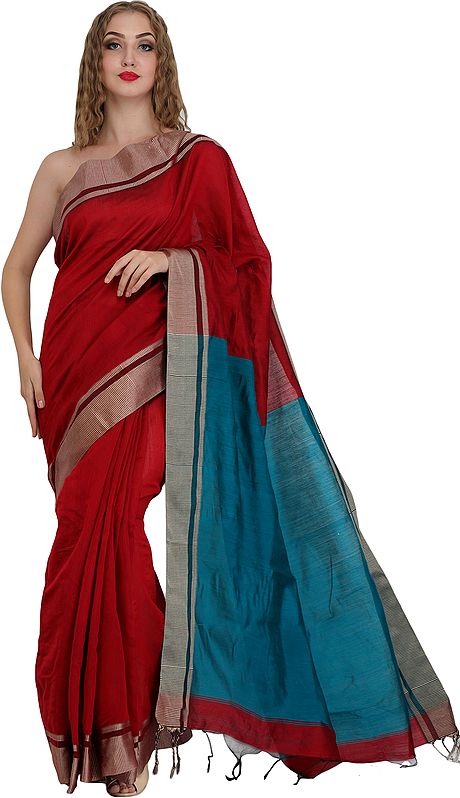 Red and Blue Plain Sari from Bengal with Striped Border