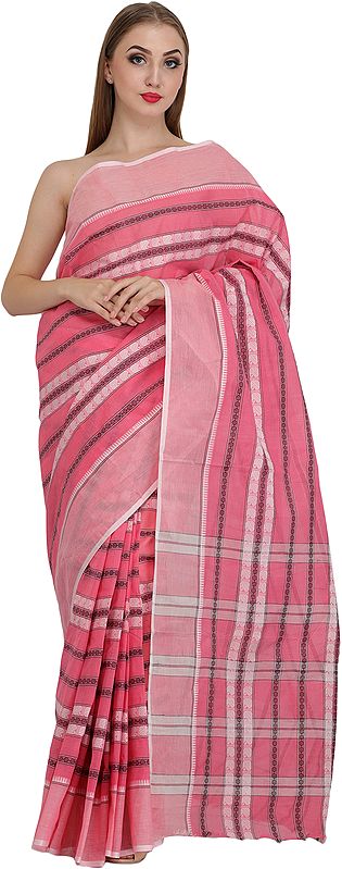 Confeti-Pink Tangail Sari from Bangladesh with Woven Paisleys and Stripes