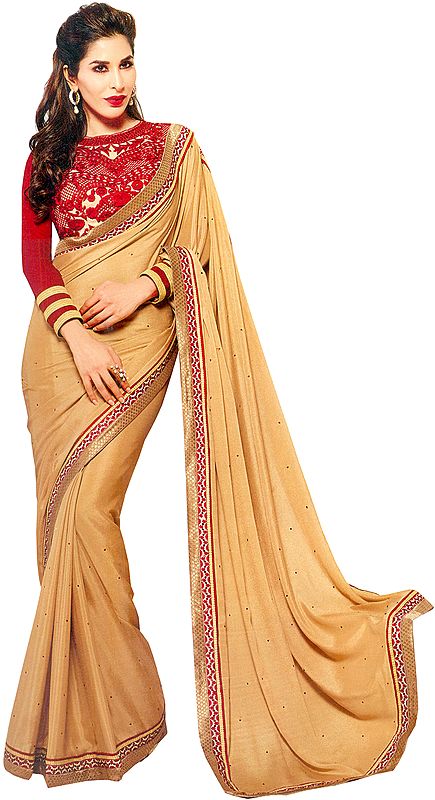 Beige and Red Designer Sari with Patch Border and Embroidered Blouse