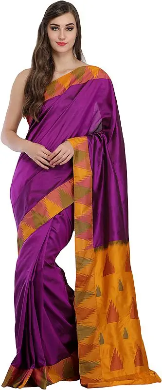 Hyacinth-Violet Plain Sari from Karnataka with Temple Woven Border