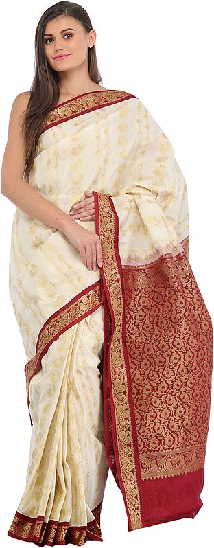 Ivory and Maroon Sari from Bangalore with Woven Golden Peacocks and Brocaded Pallu