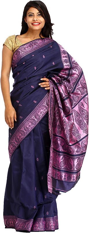 Crown-Blue Baluchari Sari from Kolkata with Woven Paisleys