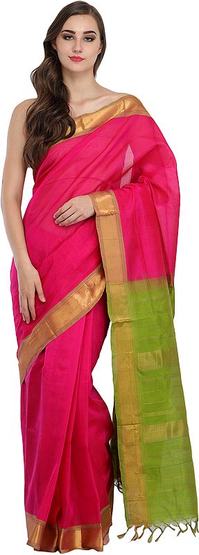 Pink and Green Solid Sari from Chennai with Woven Golden Border