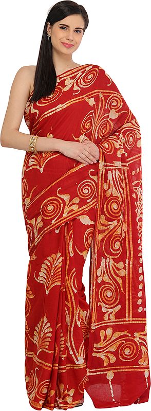 Cranberry-Red Batik Sari from Madhya Pradesh with Printed Motifs