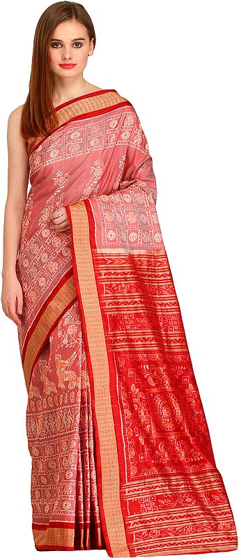Ash-Rose and Red Bomkai Handloom Sari from Sambhalpur with Ikat Weave