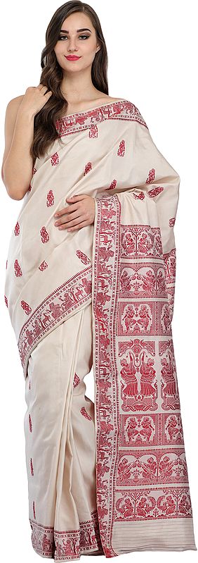 Dusty-White and Red Baluchari Sari from Kolkata Depicting Hindu Mythological Episodes