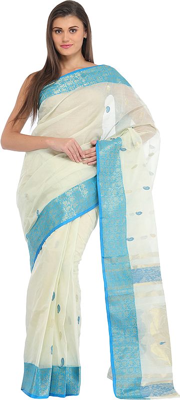 Ivory and Cyan Purbasthali Sari from Bengal with Woven Bootis and Brocaded Border