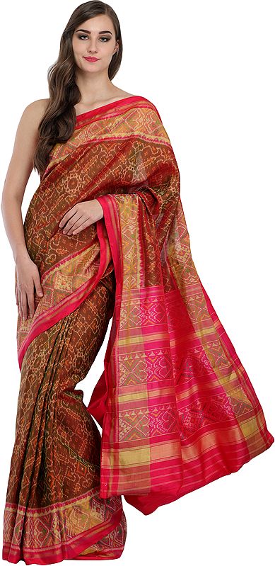 Brown and Pink Handloom Paan Patola Sari from Gujarat with Ikat Weave