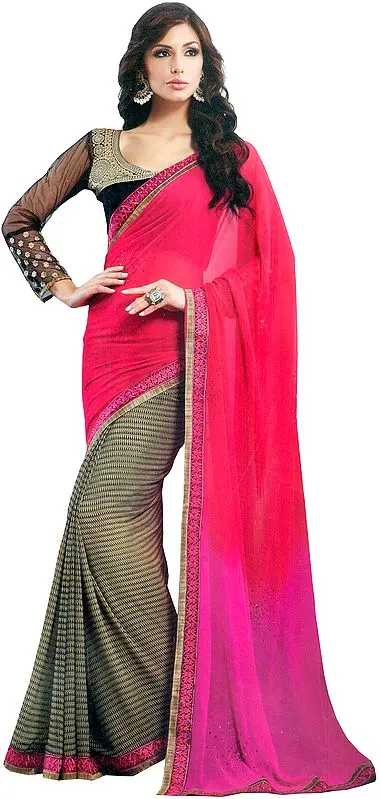 Tri-Colored Half and Half Printed Sari with Patch Border and Embroidered Blouse