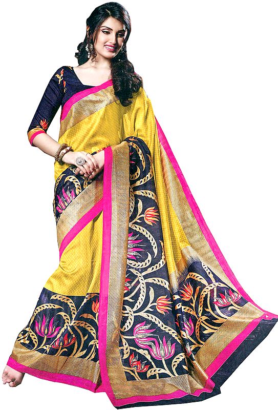 Misted-Yellow and Blue Sanganeri-Silk Sari with Printed Lotuses and Stripes