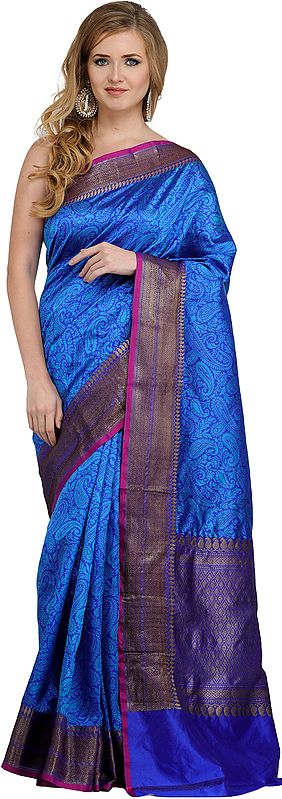 Amparo-Blue Banarasi Handloom Sari with Woven Paisleys All-Over