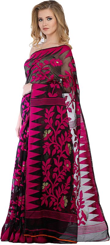 Black and Pink Jamdani Sari from Bangladesh with Hand-woven Flowers and Temple Border