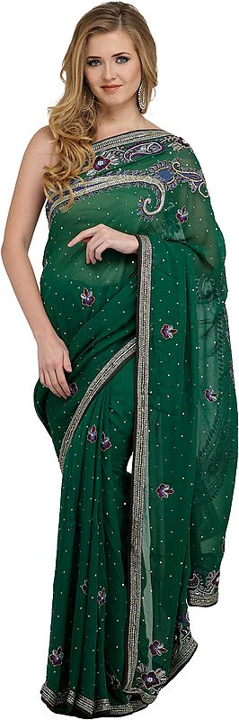Verdant-Green Wedding Sari with Embroidered Beads and Stone-work