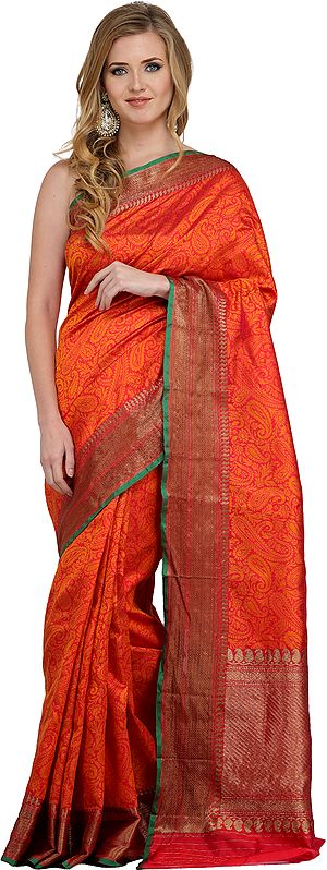 Geranium-Red Banarasi Handloom Sari with Woven Paisleys All-Over