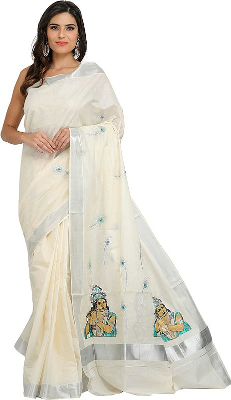 Ivory Kasavu Tissue Sari from Kerala with Embroidered Krishna on Pallu and Sequins