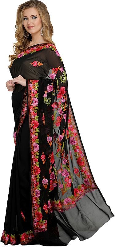 Jet-Black Kashmir Sari with Aari-Embroidered Flowers