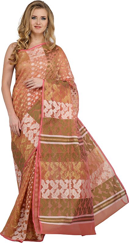 Rose-Tan Jamdani Sari from Bangladesh with Woven Bootis and Stripes