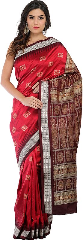 Red and Chocolate Handloom Bomkai Sari from Orissa with Woven Bootis and Dense Weave on Pallu