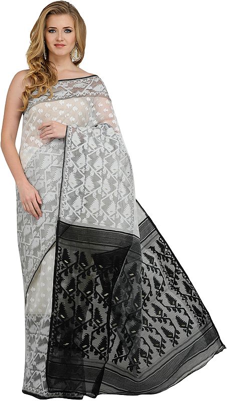 White and Black Jamdani Sari from Bangladesh with Woven Bootis All-Over