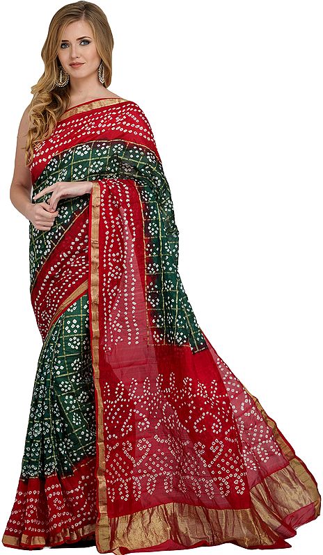 Green and Red Bandhani Tie-Dye Gharchola Sari from Jodhpur