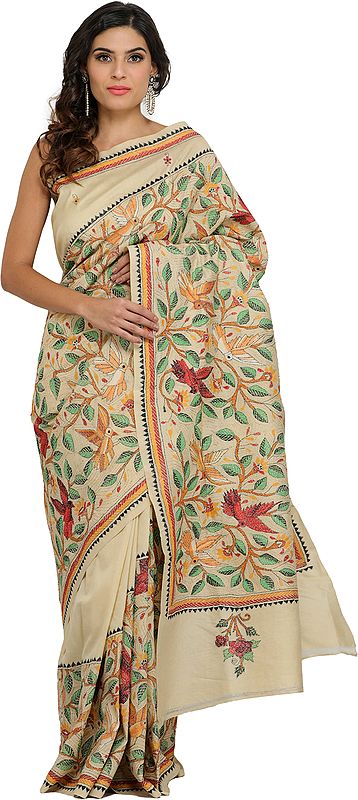Antique-White Sari from Kolkata with Kantha Hand-Embroidered Birds and Foliage