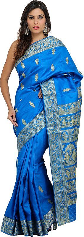 French Blue Baluchari Sari with Hand-Woven Dancing Apsaras on Aanchal