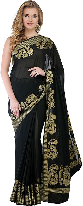 Black and Golden Sari from Bangalore with Woven Bootis on Border