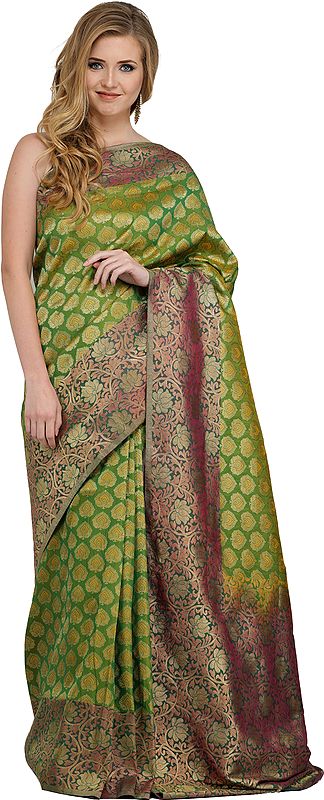 Fluorite Green Traditional Brocaded Sari from Bangalore with Woven Bootis and Floral Border