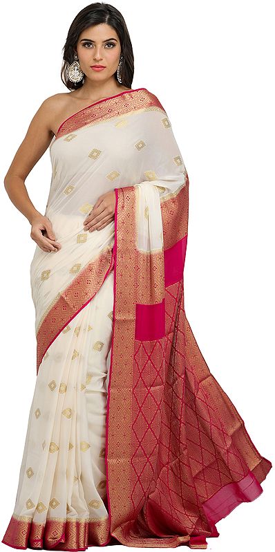 Off-White and Pink Chiffon Sari from Bangalore with Hand-woven Booties in Golden Thread