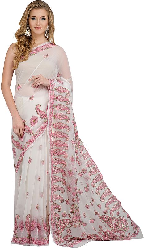 Egret-White and Pink Sari from Lucknow with Chikan Hand-Embroidered Paisleys by Hand
