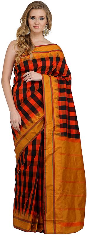 Flame Orange Sari from Bangalore with Woven Checks and Striped Pallu