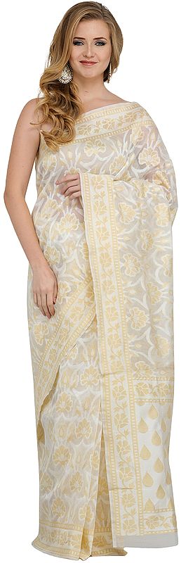 Off-White and Golden Net Sari from Banaras with Woven Flowers