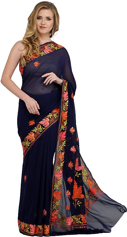 Midnight-Blue Kashmiri Sari with Aari-Embroidered Maple Leaves