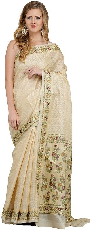 Golden and Beige Tissue Sari from Banaras with Woven Flowers on Border