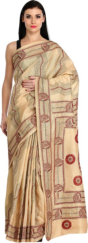 Almond-Buff Sari from Kolkata with Kantha Hand-Embroidered Paisleys and Giant Mandala