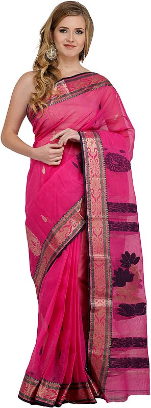 Magenta-Pink and Blue Dhakai Handloom Sari from Kolkata with Woven Bootis
