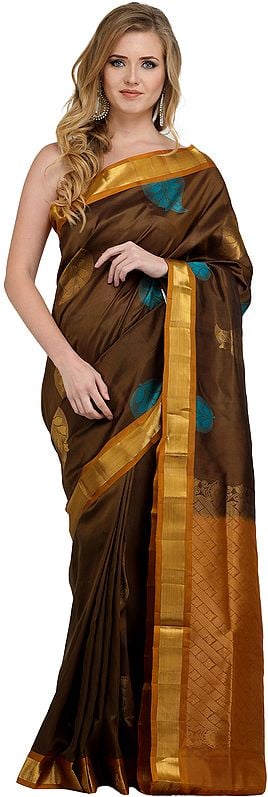 Chive Green Sari from Banaras with Woven Booties and Golden Border