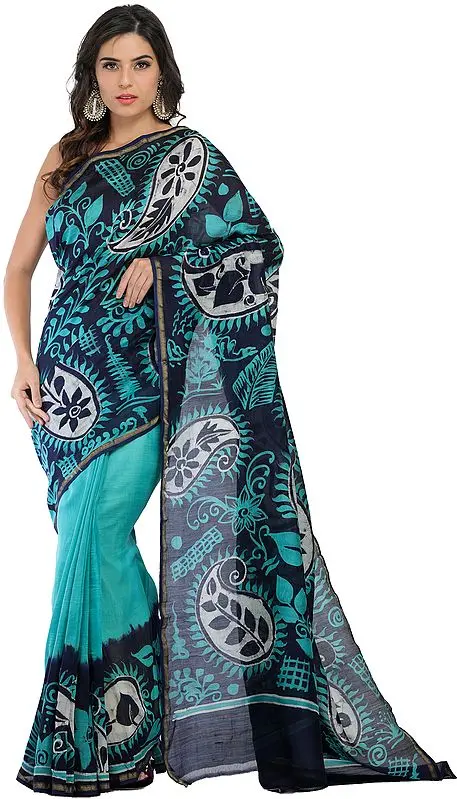 Marine-Green Batik Sari from Madhya Pradesh