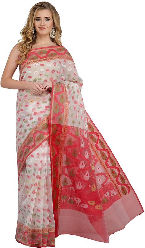 White and Pink Dhakai Handloom Sari from Bangladesh with Woven Bootis All Over