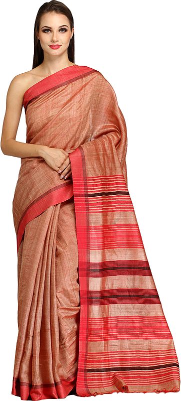 Mahogany-Rose Kosa Sari from Jharkhand with Woven Stripes
