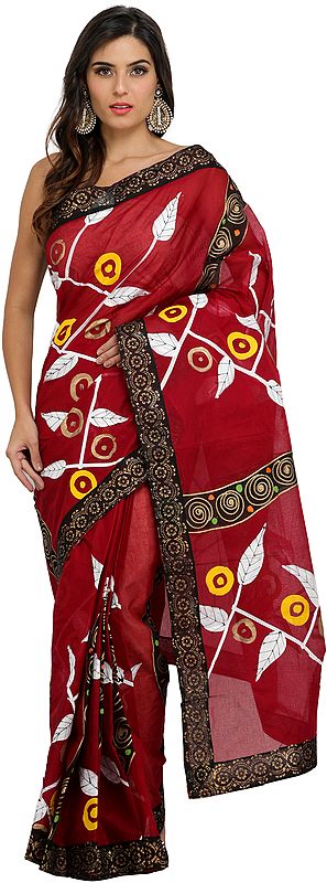 Ruby-Wine Batik Sari from Madhya Pradesh with Painted Border
