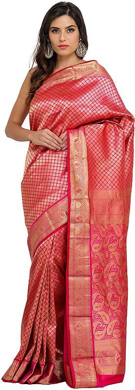 Magenta-Pink Traditional Brocaded Sari from Bangalore with Woven Bootis and Paiselys