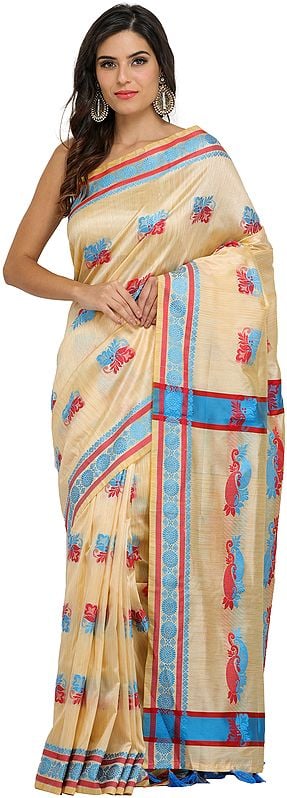 Beige Saree from Assam with Auspicious Woven Bootis and Florals on Border