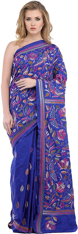Surf-The-Web Sari from Kolkata with Kantha Hand-Embroidered Butterflies and Foliage